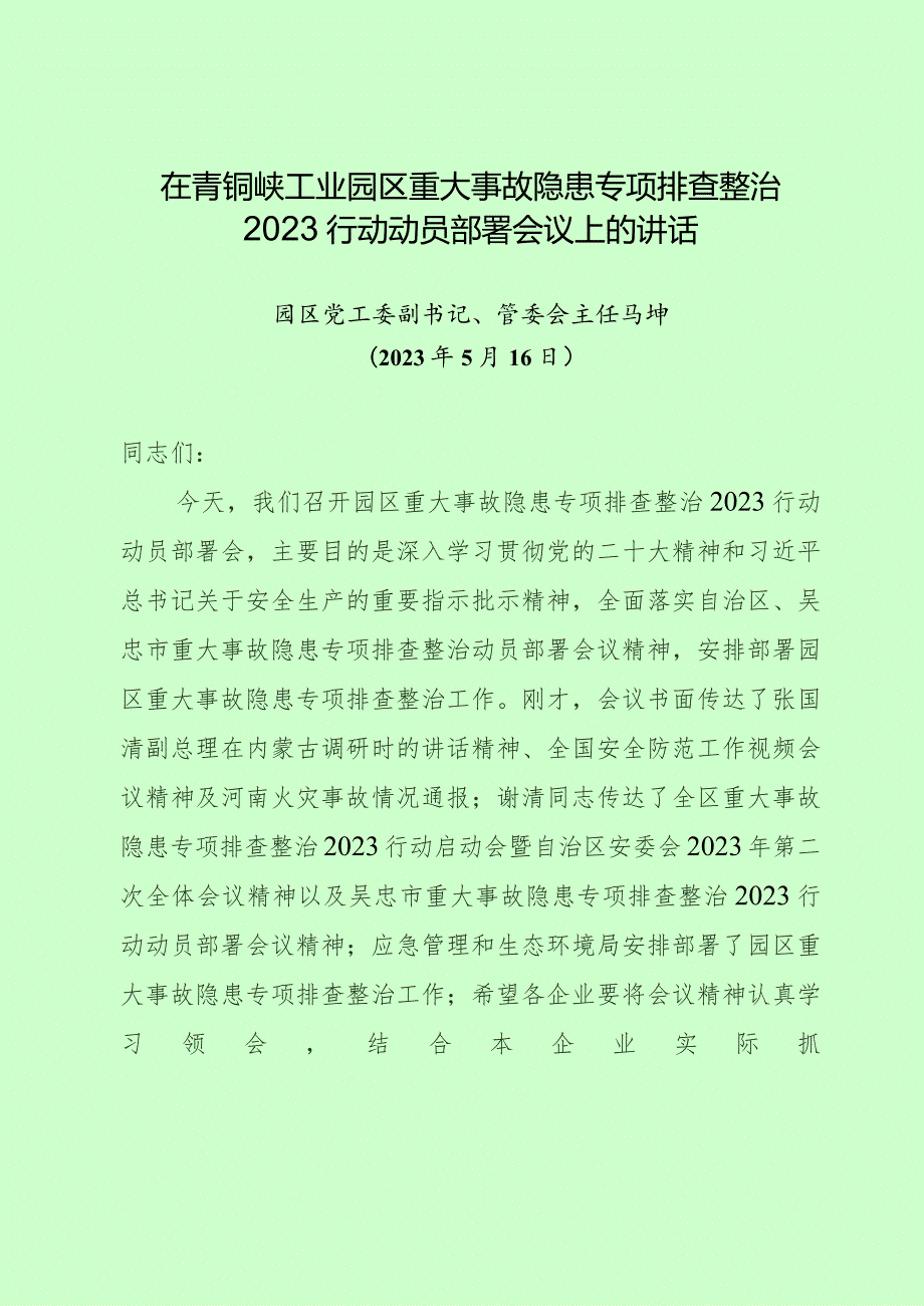 在青铜峡工业园区重大事故隐患专项排查整治2023行动动员部署会议上的讲话.docx_第1页