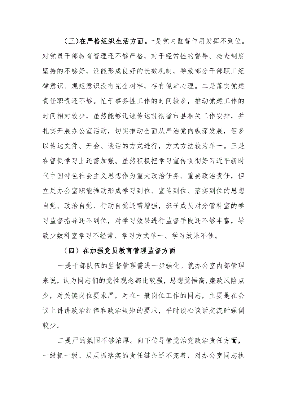 班子对照组织开展主题教育、执行上级组织决定、严格组织生活、加强党员教育管理监督、联系服务群众、抓好自身建设六个方面存在问题自我深刻检视清单台账.docx_第3页