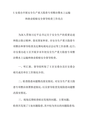 X安委办开展安全生产重大隐患专项整治暨水上运输和渔业船舶安全督导检查工作亮点.docx