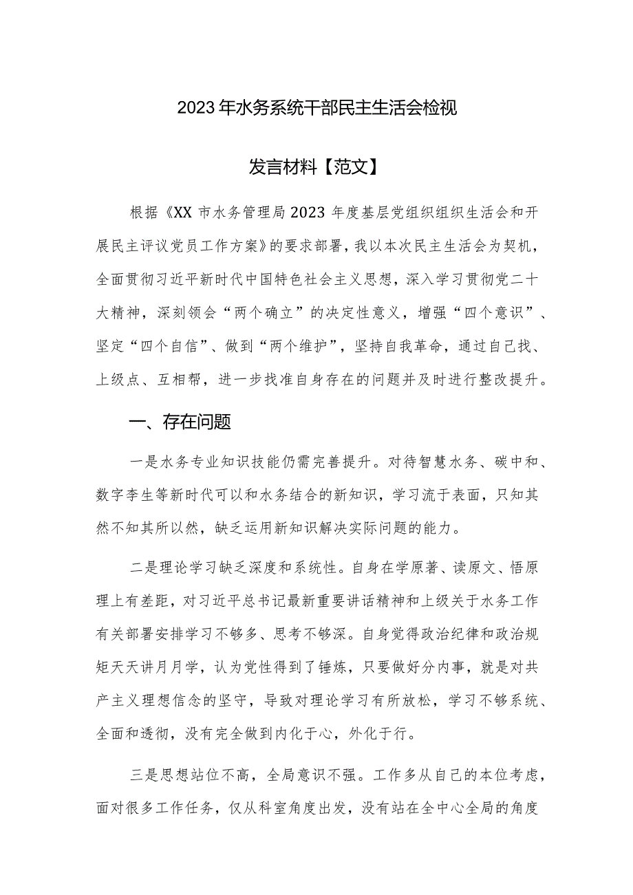 2023年水务系统干部民主生活会检视发言材料【范文】.docx_第1页