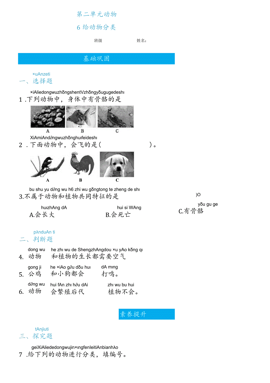 2-6给动物分类（练习）一年级下册科学教科版.docx_第1页