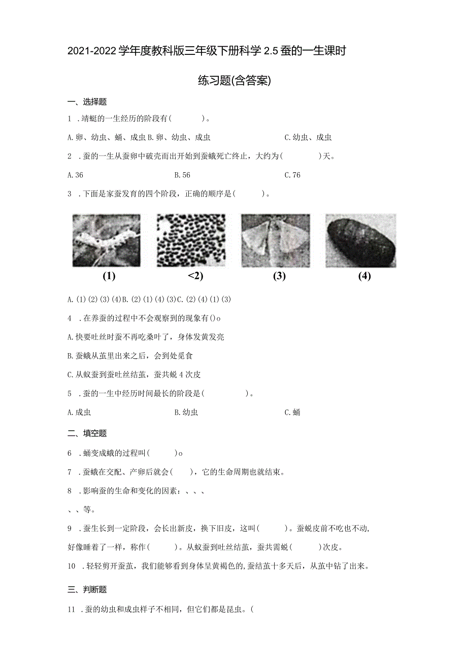 2-6蚕的一生（练习）－2021-2022学年科学三年级下册.docx_第1页