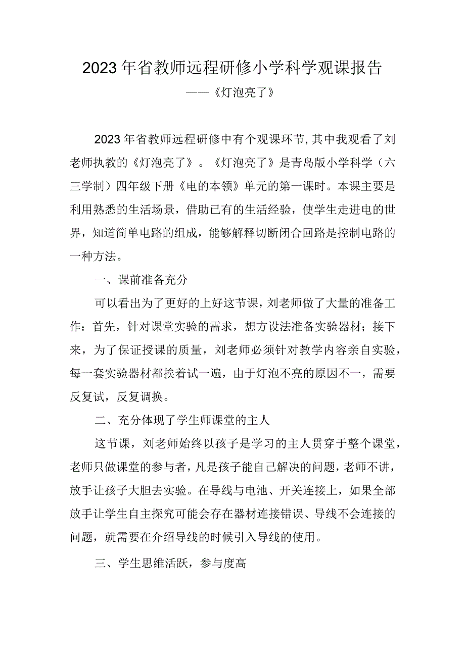 2023年省教师远程研修小学科学观课报告《灯泡亮了》.docx_第1页