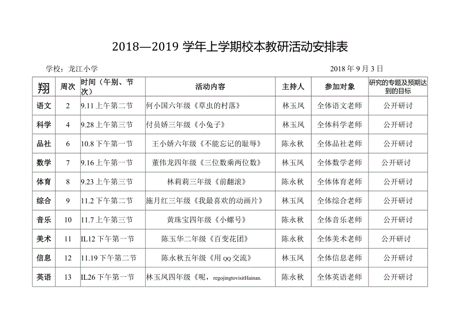 2018-2019上龙江小学学校教研活动安排表.docx_第1页