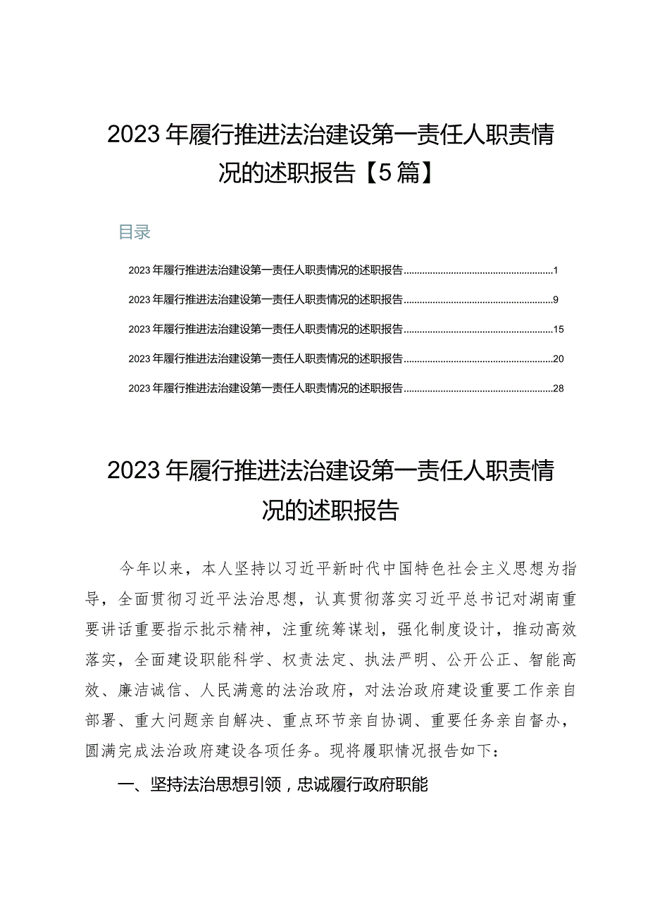 2023年履行推进法治建设第一责任人职责情况的述职报告【5篇】.docx_第1页