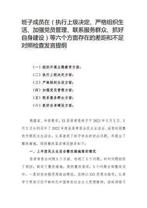 班子成员在（执行上级决定、严格组织生活、加强党员管理、联系服务群众、抓好自身建设）等六个方面存在的差距和不足对照检查发言提纲.docx