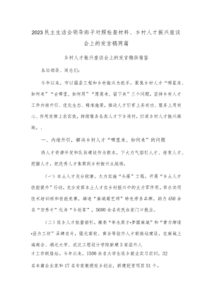 2023民主生活会领导班子对照检查材料、乡村人才振兴座谈会上的发言稿两篇.docx