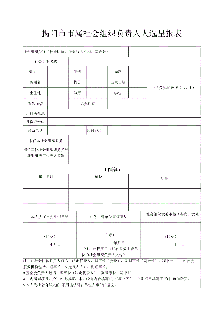 揭阳市市属社会组织负责人人选呈报表.docx_第1页