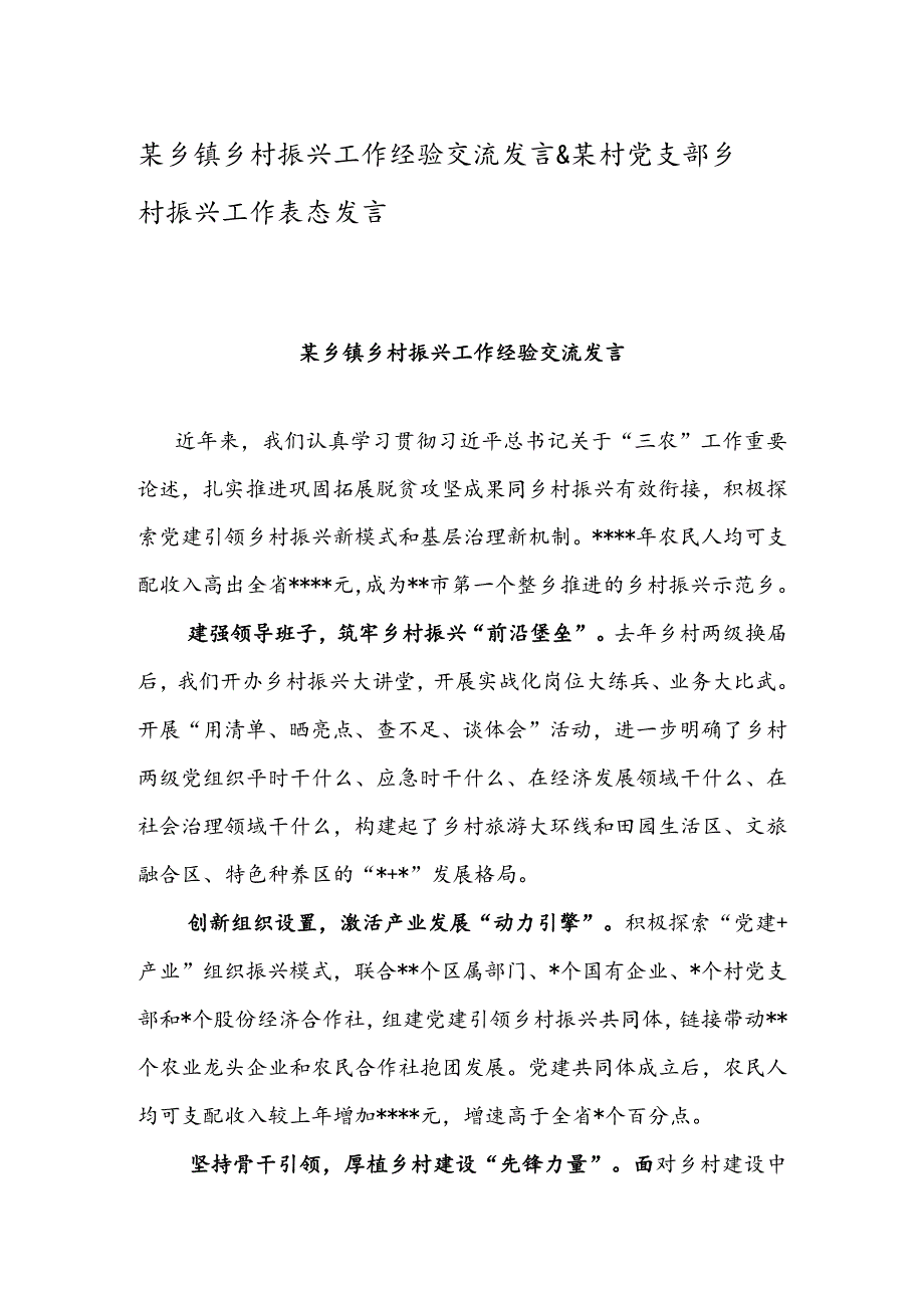 某乡镇乡村振兴工作经验交流发言&某村党支部乡村振兴工作表态发言.docx_第1页