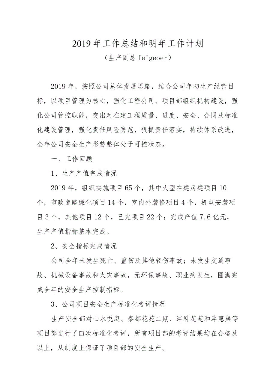 生产副总2019年工作总结和明年工作计划.docx_第1页