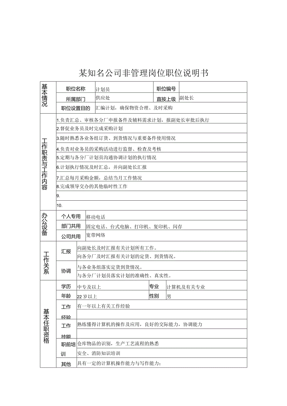 某知名公司非管理岗位职位说明书.docx_第1页