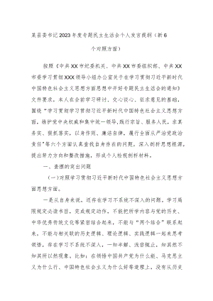 某县委书记2023年度专题民主生活会个人发言提纲（新6个对照方面）.docx