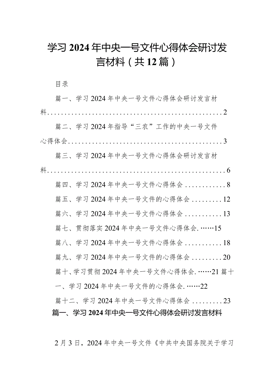 学习2024年中央一号文件心得体会研讨发言材料12篇（最新版）.docx_第1页