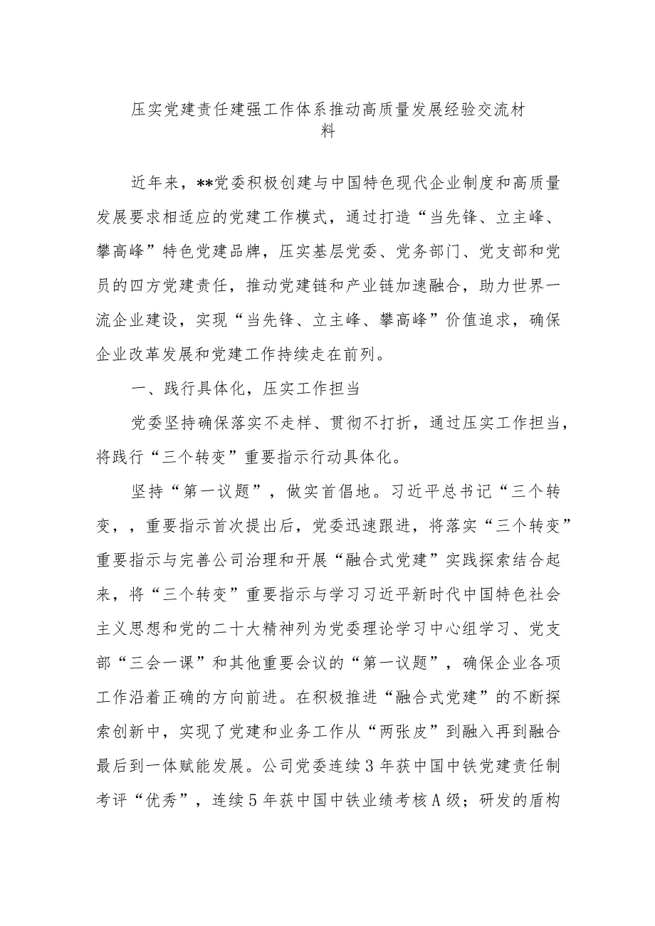 压实党建责任 建强工作体系 推动高质量发展经验交流材料.docx_第1页