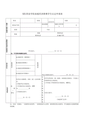 XX职业学院家庭经济困难学生认定申请表.docx