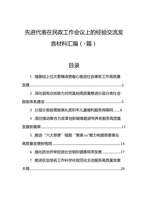 先进代表在民政工作会议上的经验交流发言材料汇编（7篇）.docx