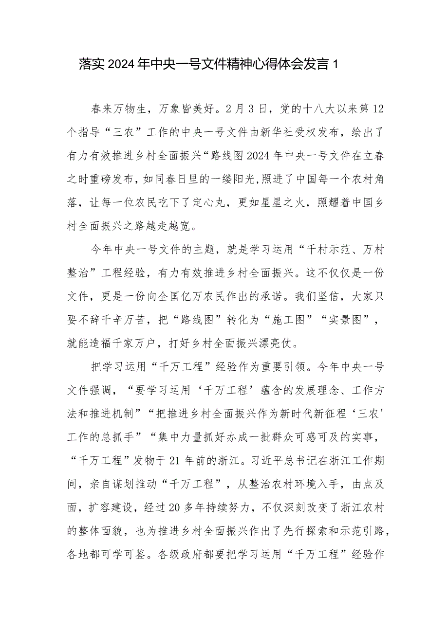 党员领导干部贯彻落实2024年中央一号文件精神研讨发言心得体会感想领悟5篇.docx_第1页