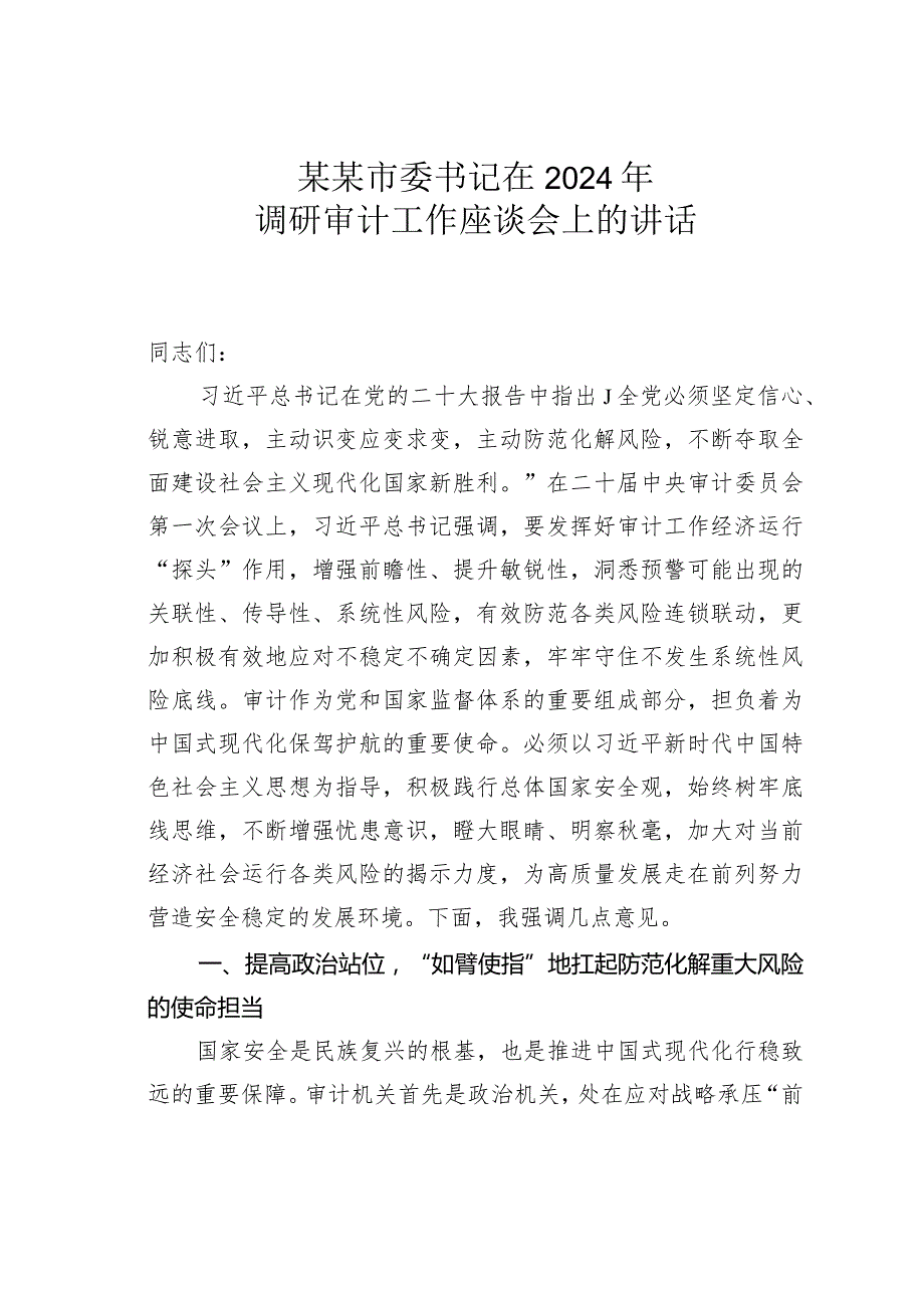 某某市委书记在2024年调研审计工作座谈会上的讲话.docx_第1页