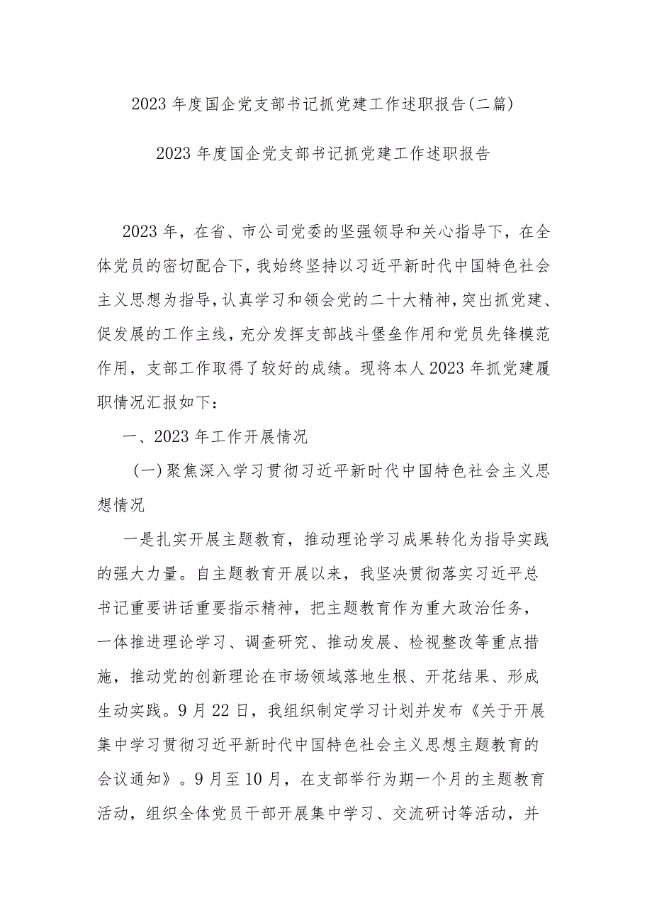 2023年度国企党支部书记抓党建工作述职报告(二篇).docx_第1页