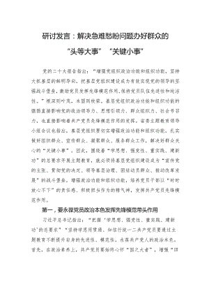 研讨发言：解决急难愁盼问题+办好群众的“头等大事”“关键小事”.docx