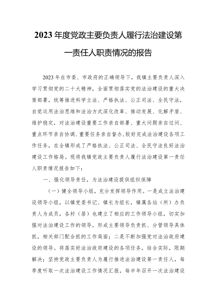 2023年度党政主要负责人履行法治建设第一责任人职责情况的报告.docx_第1页