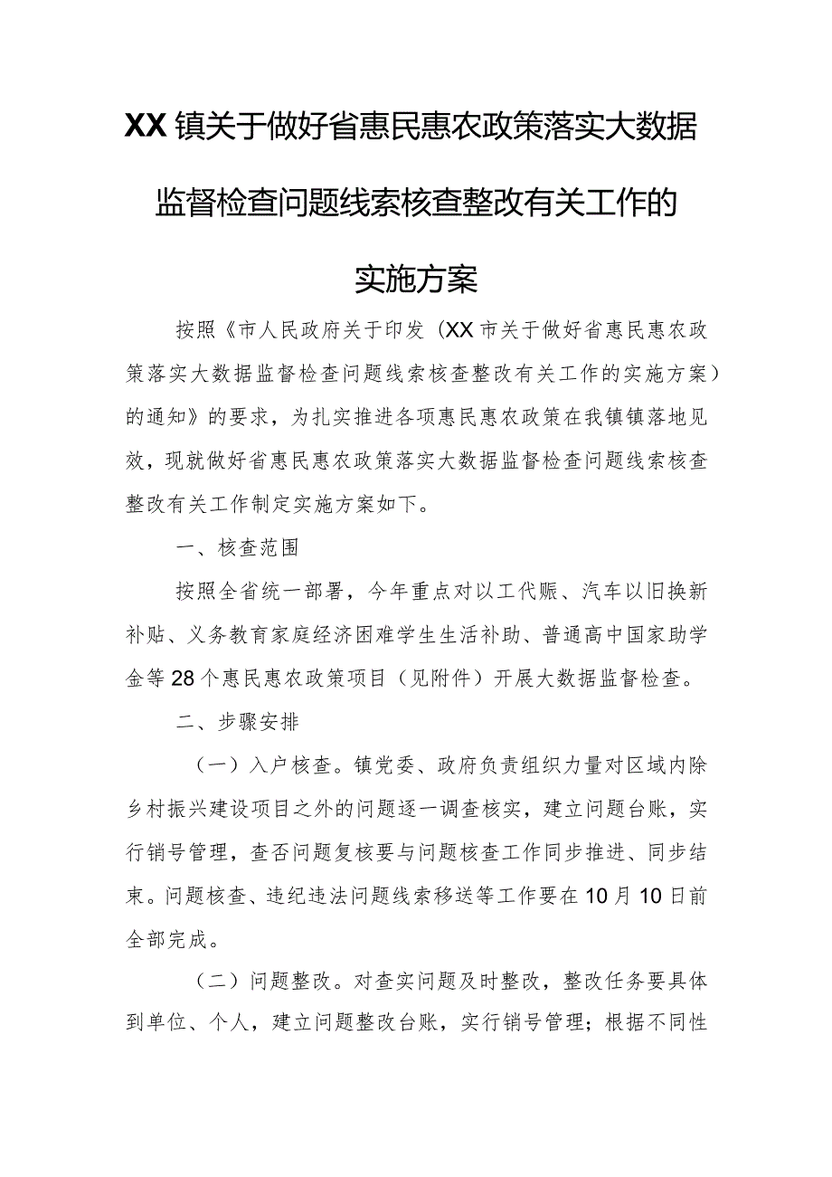 XX镇关于做好省惠民惠农政策落实大数据监督检查问题线索核查整改有关工作的实施方案.docx_第1页