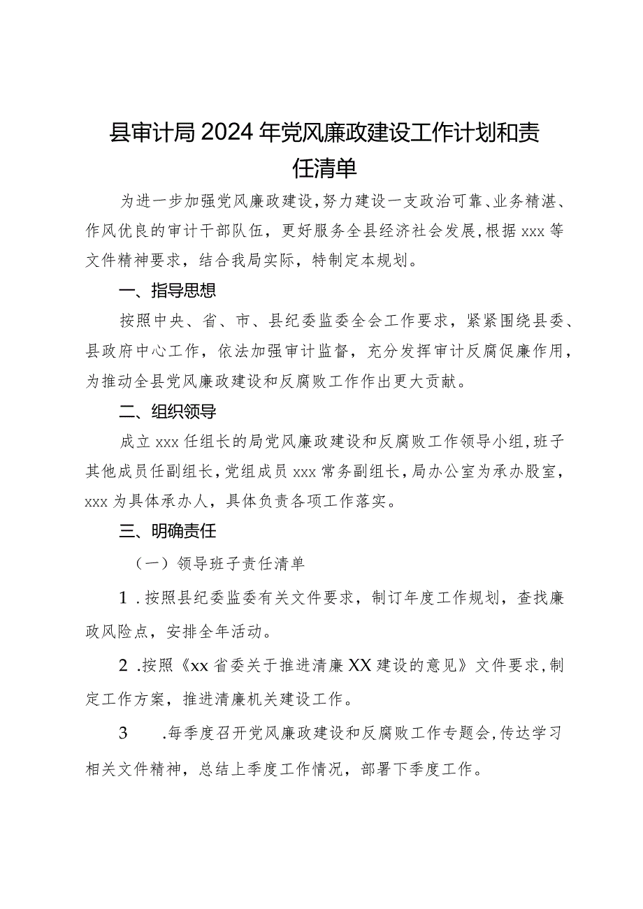 县审计局2024年党风廉政建设工作计划和责任清单.docx_第1页