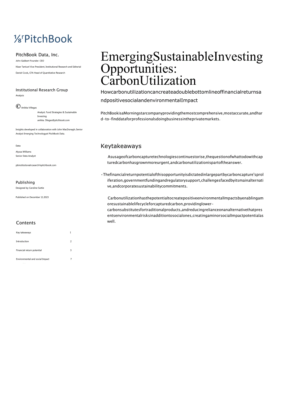PitchBook-新兴的可持续投资机会：碳利用（英）-2023_市场营销策划_重点报告202301.docx_第1页