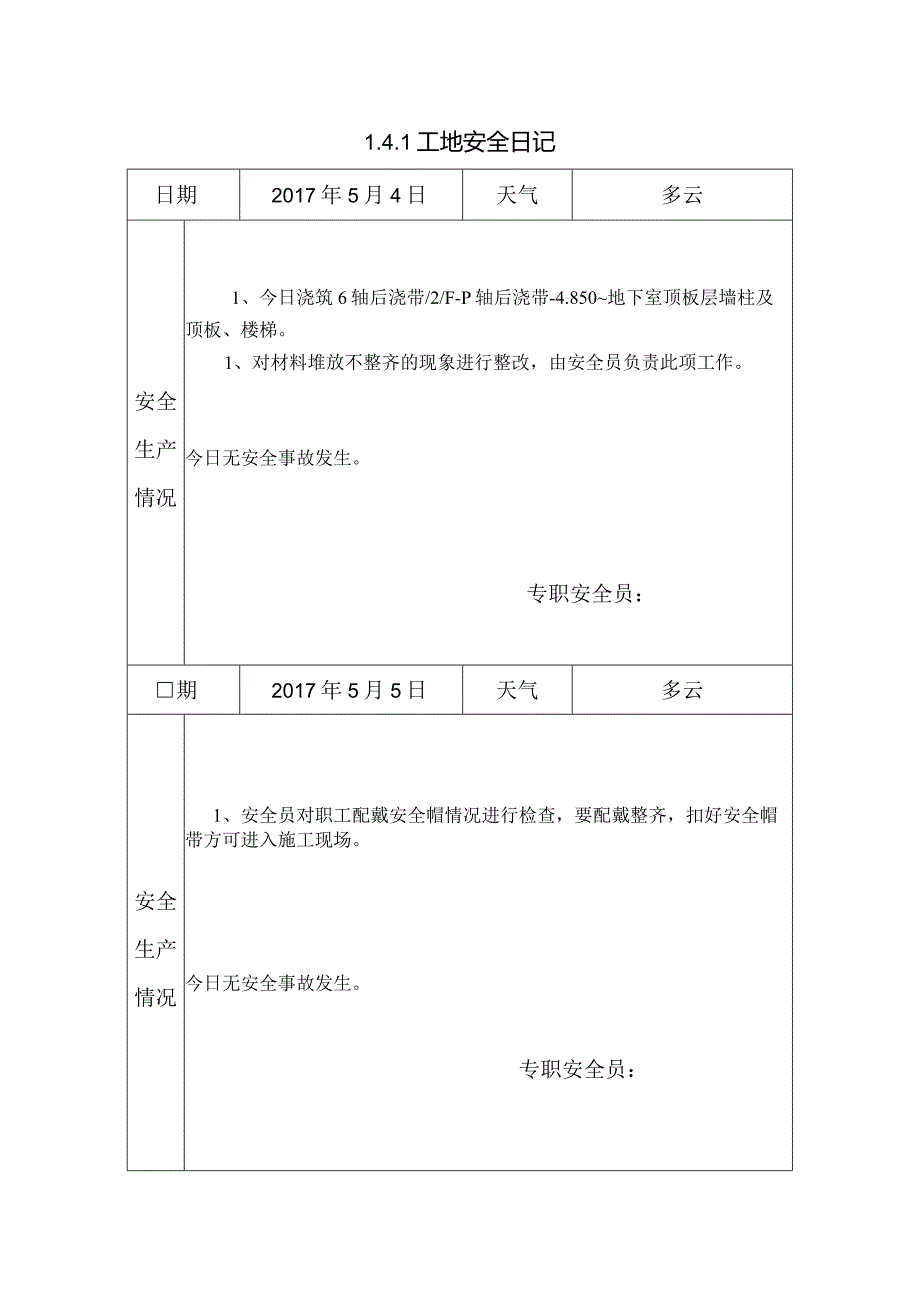 [施工资料]工地安全日记(60).docx_第1页