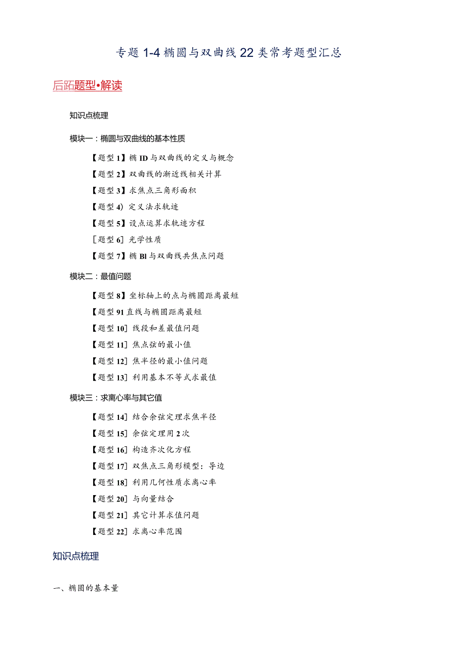 专题1-4椭圆与双曲线22类常考题型汇总.docx_第1页