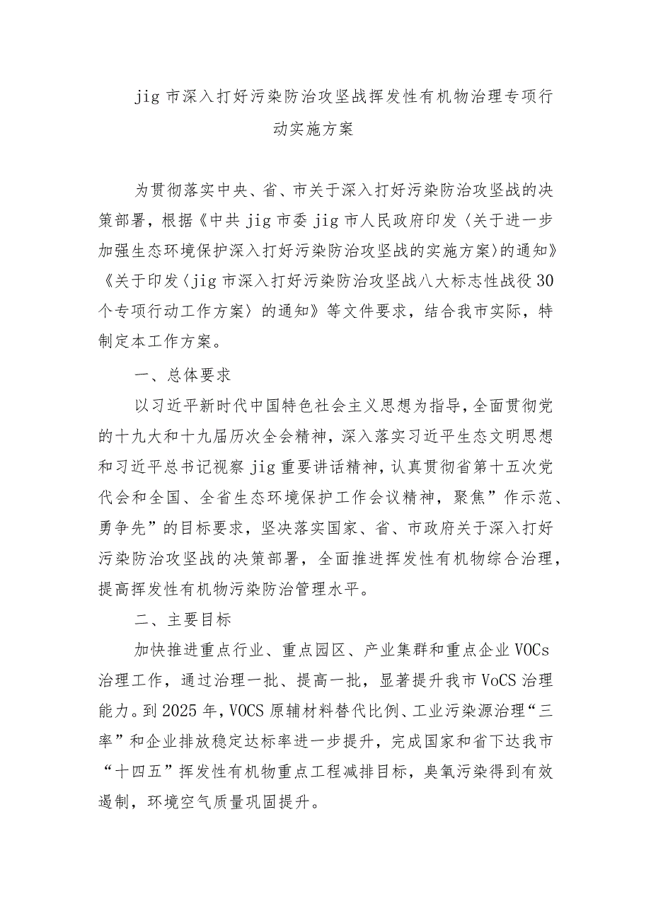 jig市深入打好污染防治攻坚战挥发性有机物治理专项行动实施方案.docx_第1页