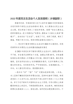 2022年度民主生活会个人发言提纲(乡镇副职）【】.docx