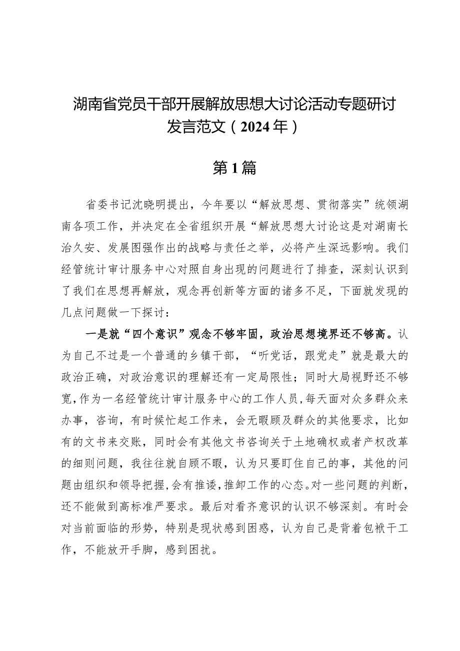 (八篇)湖南省党员干部开展解放思想大讨论活动专题研讨发言范文（2024年）.docx_第1页