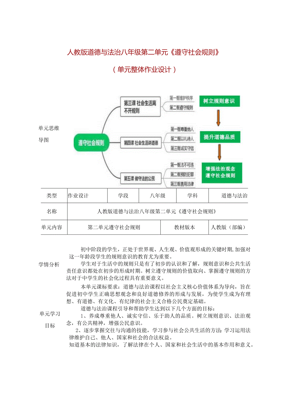 人教版道德与法治八年级第二单元《遵守社会规则》（单元整体作业设计）(20页).docx_第1页