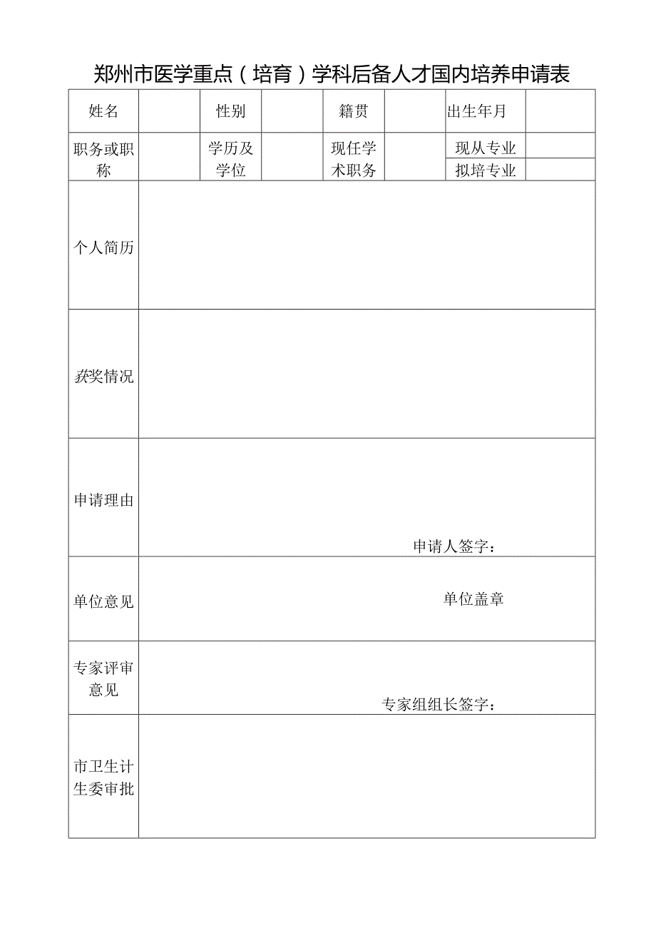 郑州市医学重点培育学科后备人才国内培养申请表.docx_第1页