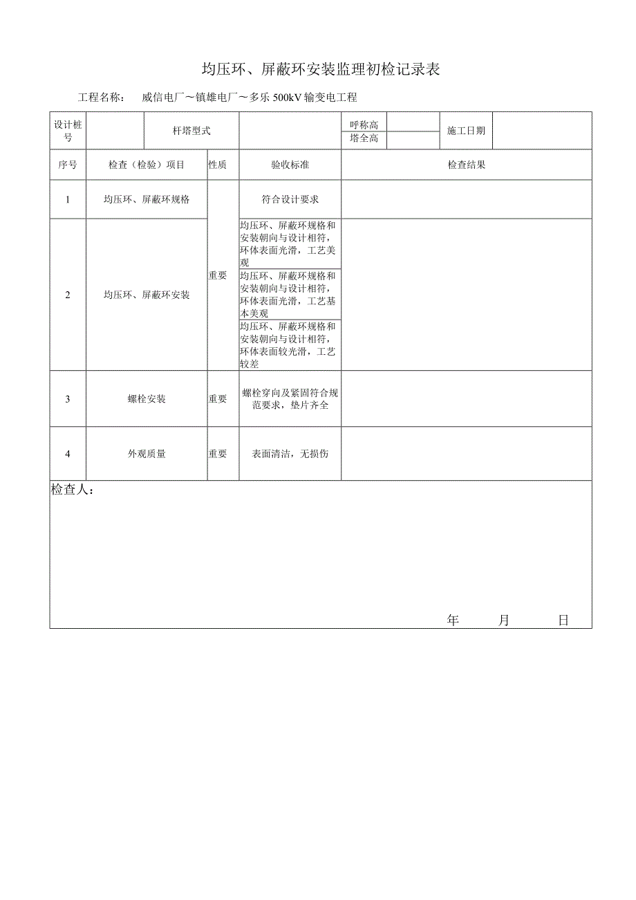 均压环、屏蔽环安装监理初检记录表.docx_第1页