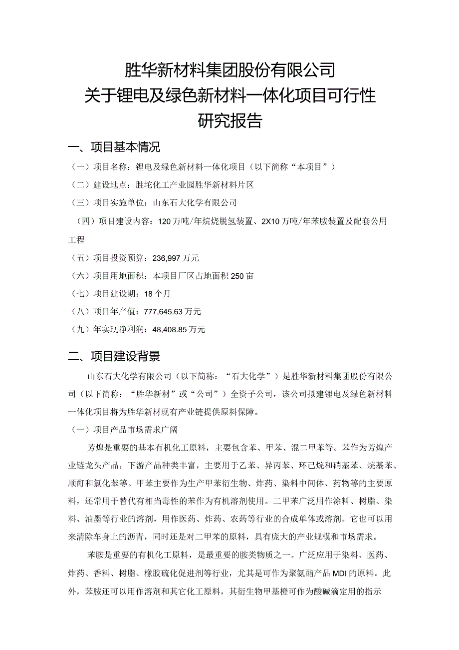 胜华新材料集团股份有限公司锂电及绿色新材料一体化项目可行性研究报告.docx_第1页