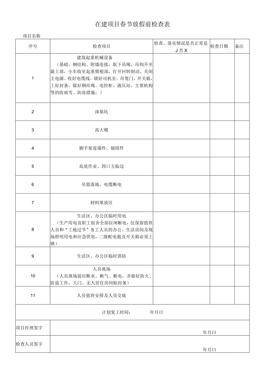 在建项目假期放假前检查表.docx_第1页