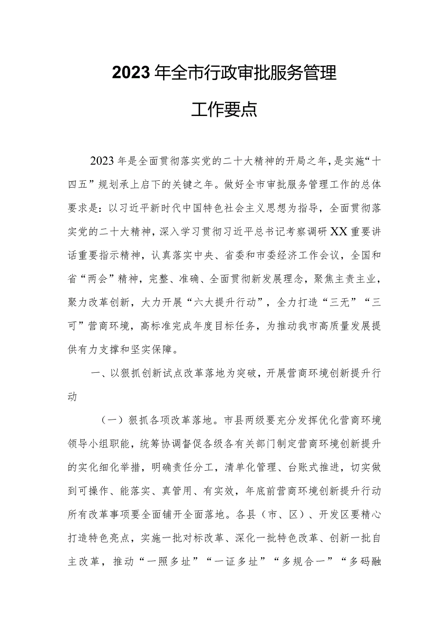 2023年全市行政审批服务管理工作要点.docx_第1页