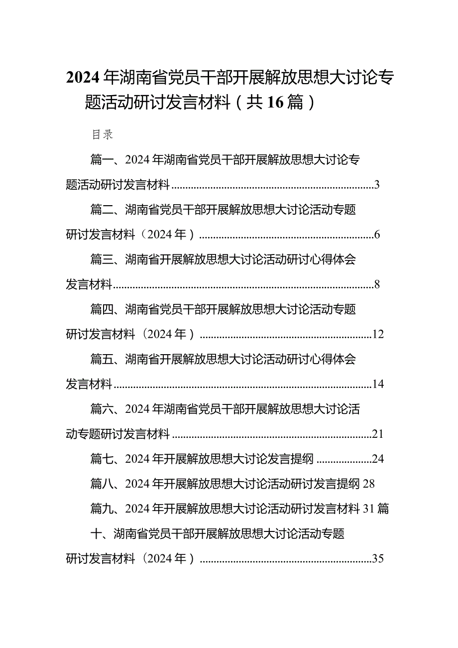 2024年湖南省党员干部开展解放思想大讨论专题活动研讨发言材料16篇（完整版）.docx_第1页