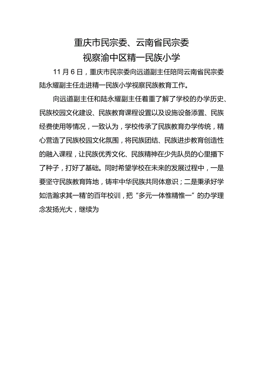 重庆市民宗委、云南省民宗委视察渝中区精一民族小学.docx_第1页