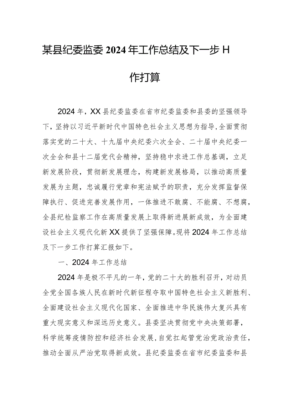 某县纪委监委2024年工作总结及下一步工作打算.docx_第1页