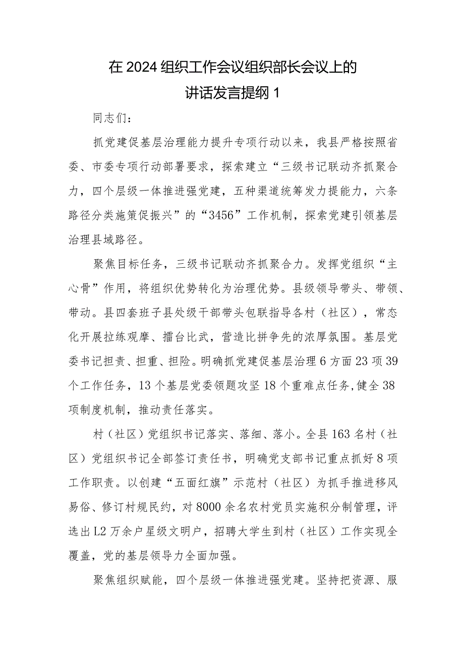 在2024组织工作会议组织部长会议上的讲话发言提纲4篇+在组织工作会议上的讲话.docx_第1页