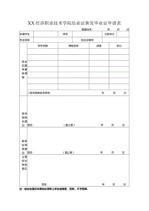 XX经济职业技术学院结业证换发毕业证申请表（2024年）.docx