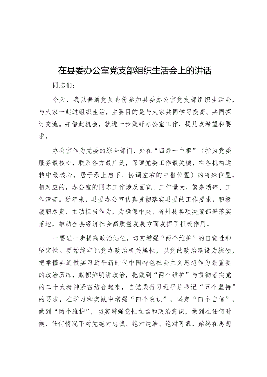 在县委办公室党支部组织生活会上的讲话&县2023年度定点帮扶工作总结.docx_第1页