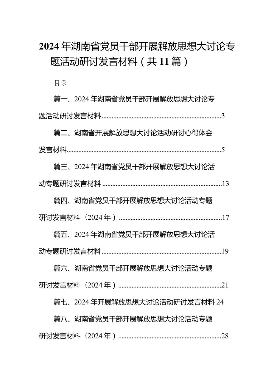 （11篇）2024年湖南省党员干部开展解放思想大讨论专题活动研讨发言材料最新版.docx_第1页