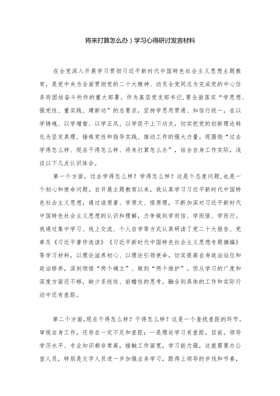 专题教育“三问”（过去学得怎么样、现在干得怎么样、将来打算怎么办）学习心得研讨发言材料最新精选版【10篇】.docx_第2页