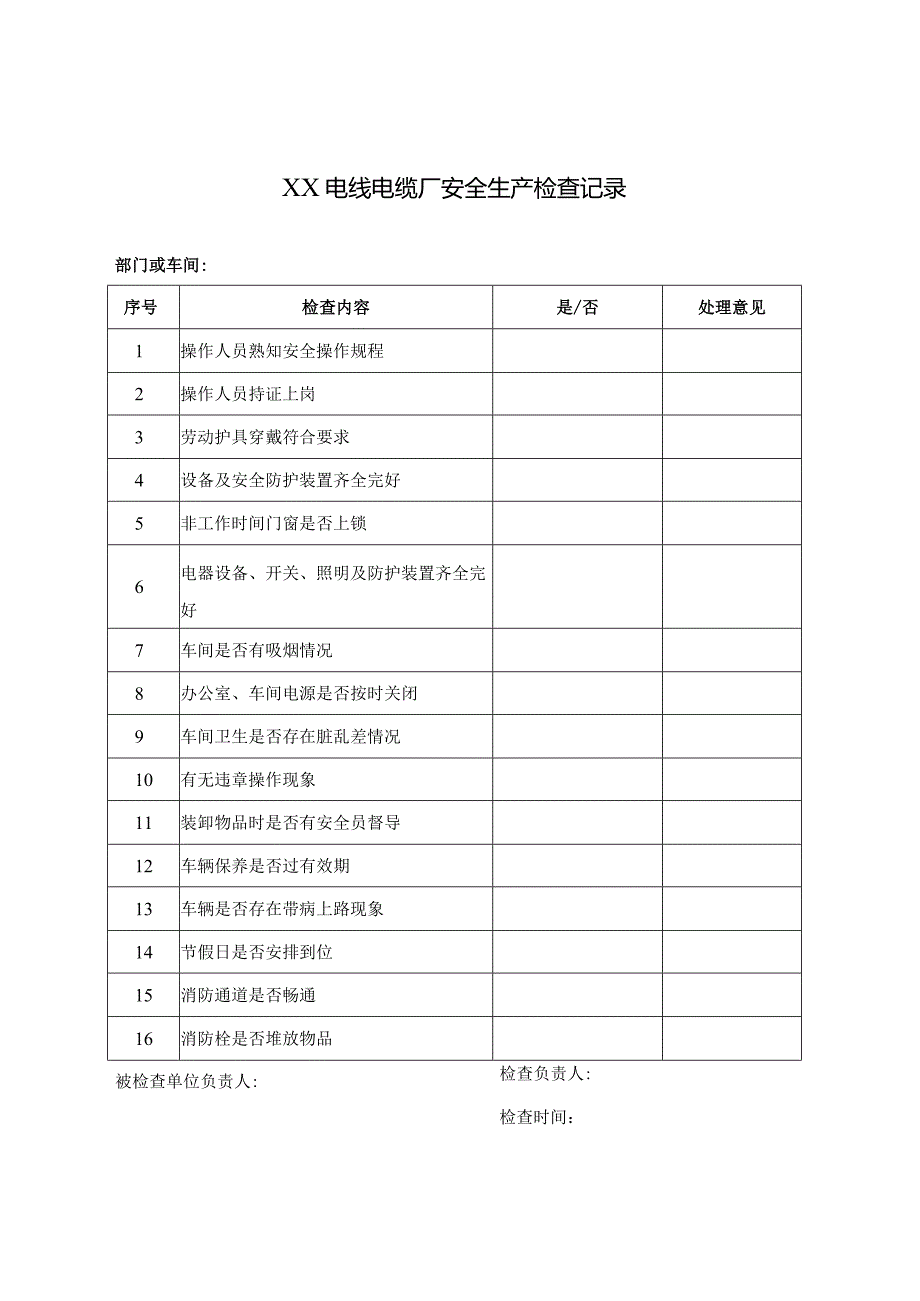 XX电线电缆厂安全生产检查记录（2023年）.docx_第1页