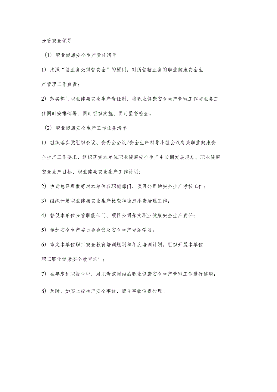 城投公司分管安全领导职业健康安全生产责任清单及工作任务清单.docx_第1页