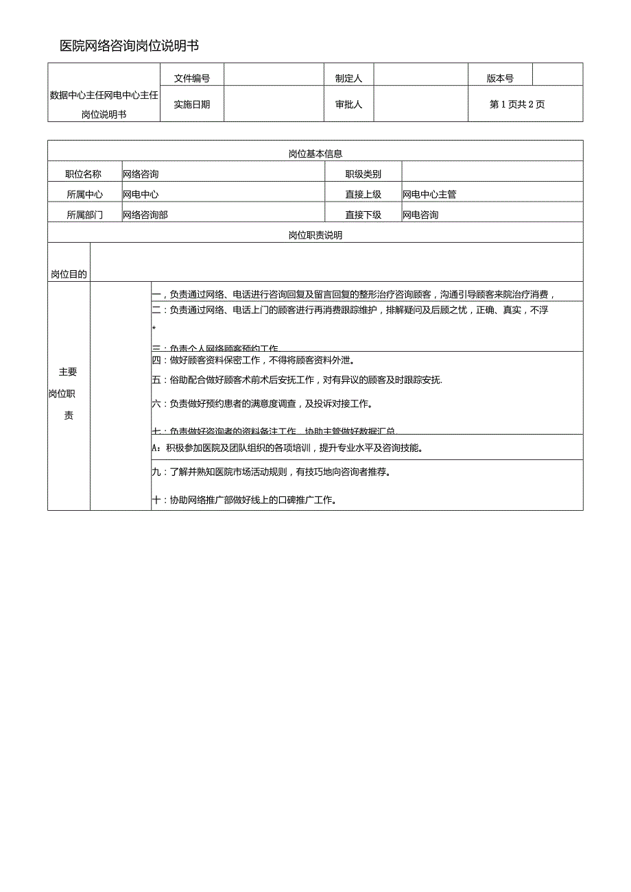 医院网络咨询师岗位说明书.docx_第1页